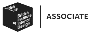 Logo of the British Institute of Interior Design. A black cube with white text "British Institute of Interior Design" on it, next to the word "ASSOCIATE.