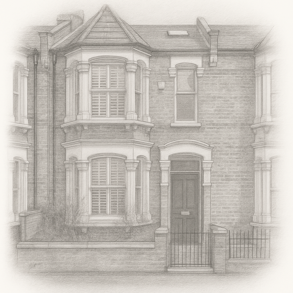 A pencil sketch of a two-story brick house with bay windows, white trim, and a black front door. There is a low brick wall with a metal gate in front of the house and shutters on the windows.